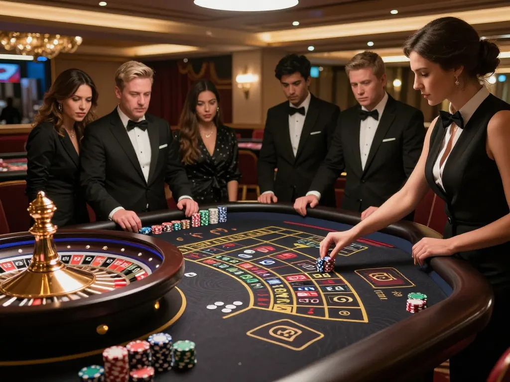 Players engaging in high-stakes roulette at an upscale casino GMNC, capturing excitement and strategy