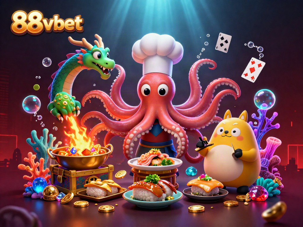 Engage in thrilling gameplay at 88vbet with vibrant characters in a dynamic casino-themed 3D illustration.