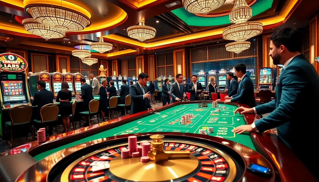 Engaging scene of gamblers enjoying a professional gaming experience at nhà cái 9bet with a luxurious atmosphere.