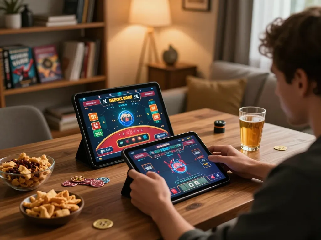 Player enjoying an engaging okfun online casino game from a cozy home setup with vibrant snacks.