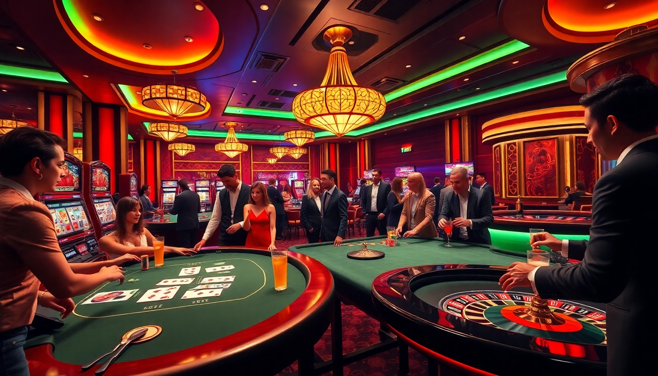 SODO casino scene showcasing vibrant gaming tables, players engaged in card games, and slot machines.