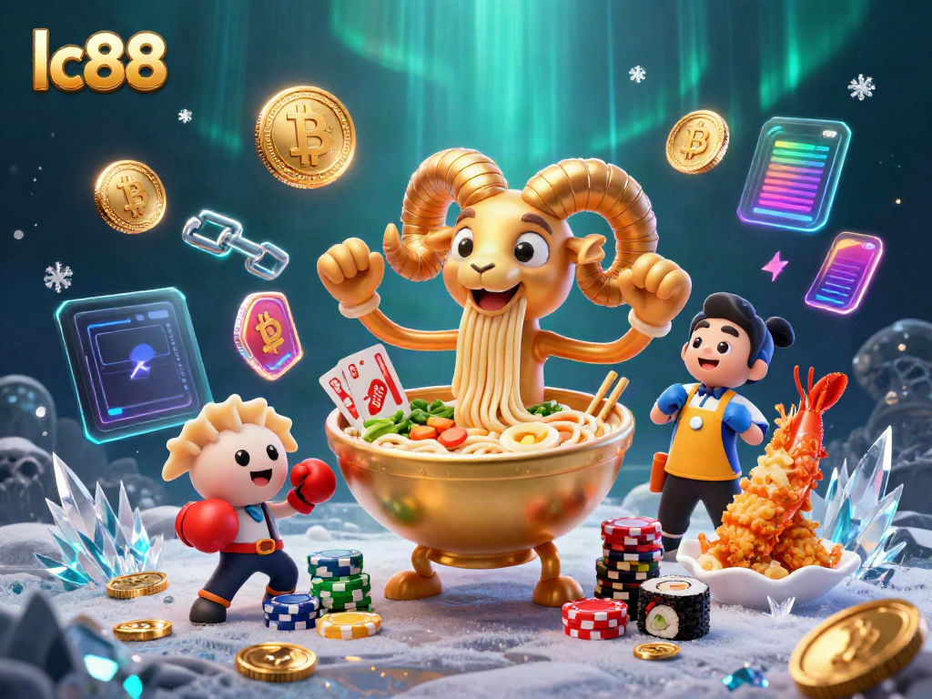 Engaging lc88 casino scene with giant ramen bowl dealer, sushi roll, and Bitcoin elements