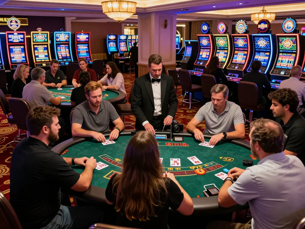 Players engaging at blackjack tables in Onbet's lively casino setting, showcasing excitement.