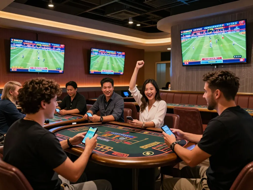 HDBET patrons placing live sports bets in an upscale lounge atmosphere with multiple screens.