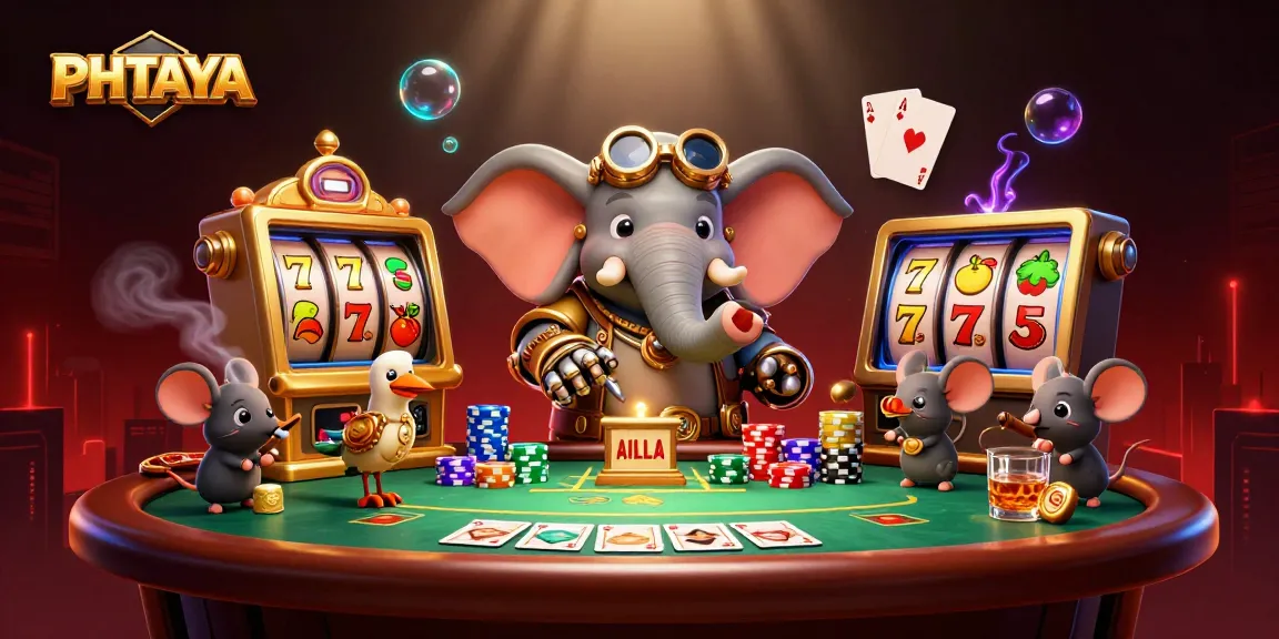 PHTAYA reveals vibrant steampunk characters at a dynamic poker scene with slot machines and rich casino elements.