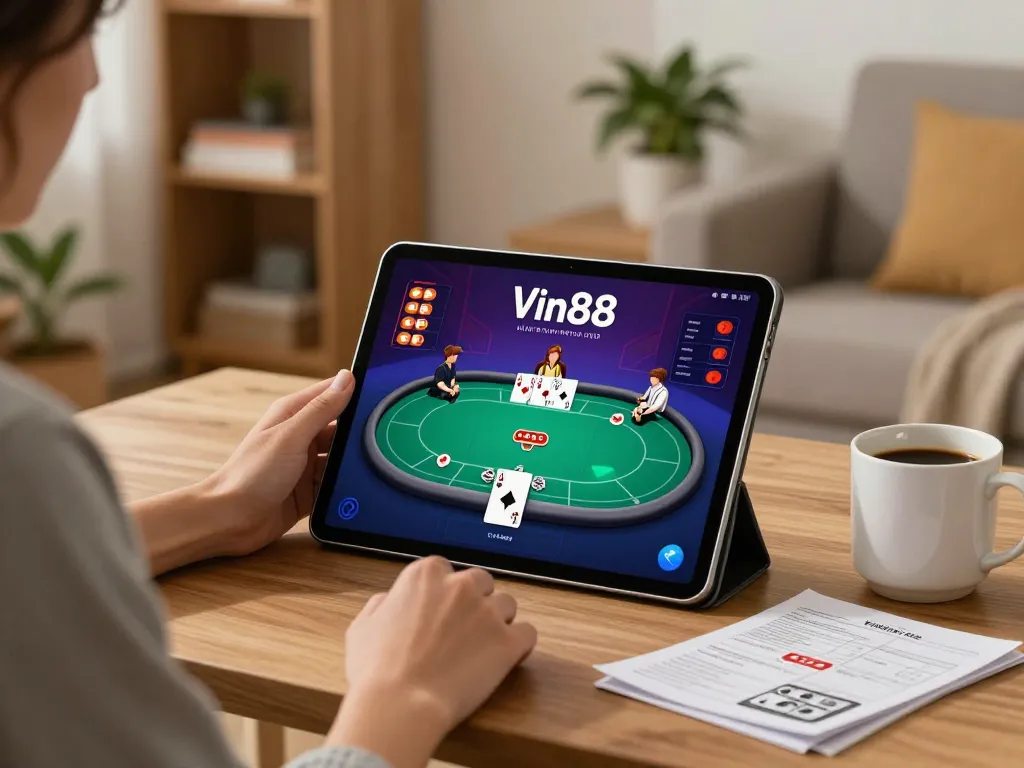 Experience strategic gameplay with App Vin88 on a tablet in a cozy home setting.