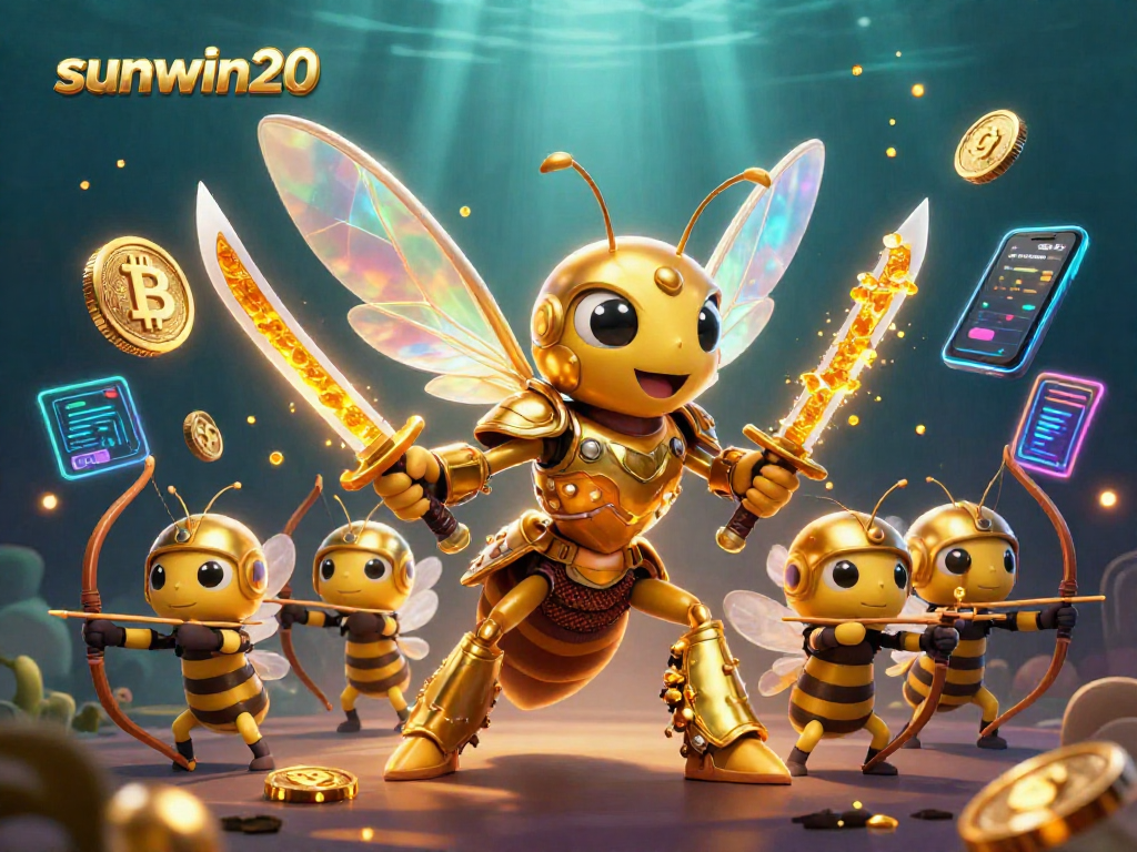 Experience thrilling gameplay with sunwin20, featuring a vibrant 3D illustration of dynamic bee warriors in a crypto casino.