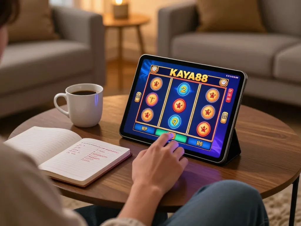 KAYA88 player enjoying slot games on tablet in a cozy home setting, surrounded by strategy notes.