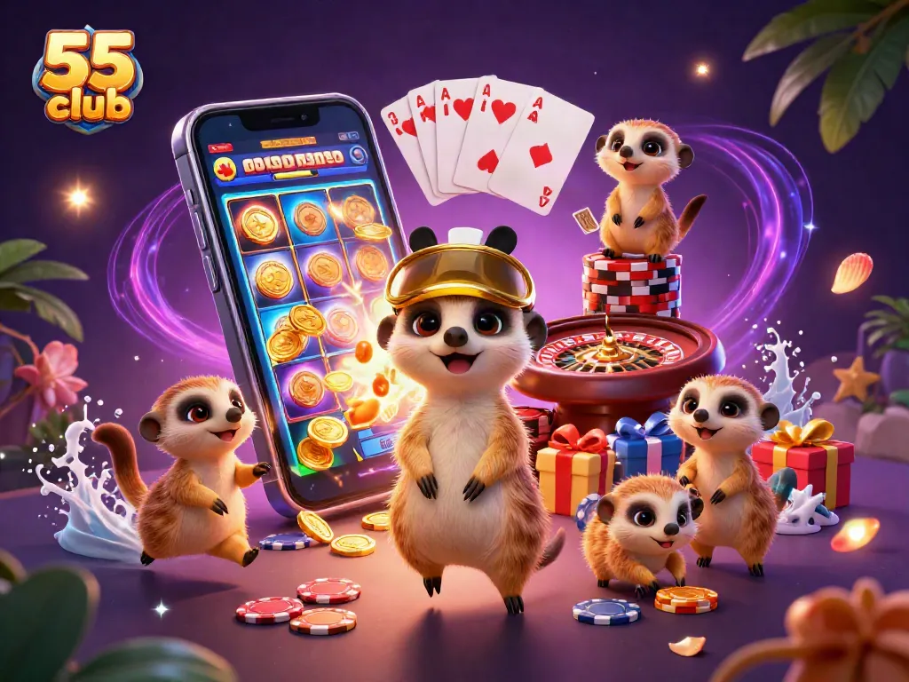 Join the action at 55 club with meerkats running a vibrant casino filled with games and excitement.