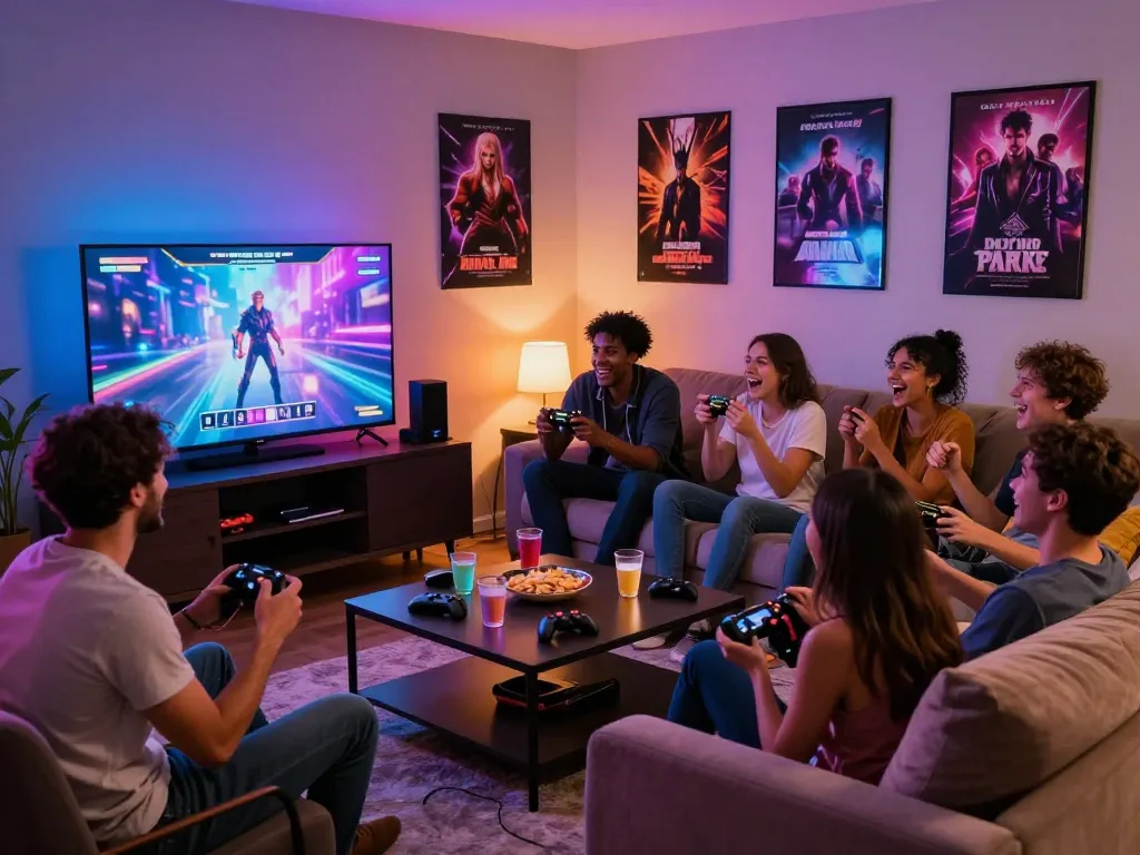 Friends enjoying interactive porn games in a cozy living room, vibrant atmosphere.