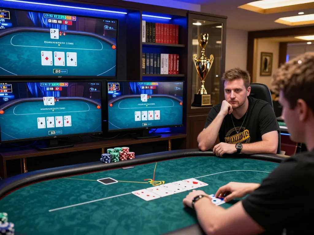 Engaging in an online poker tournament at nohu90nohu with multiple screens showing action.