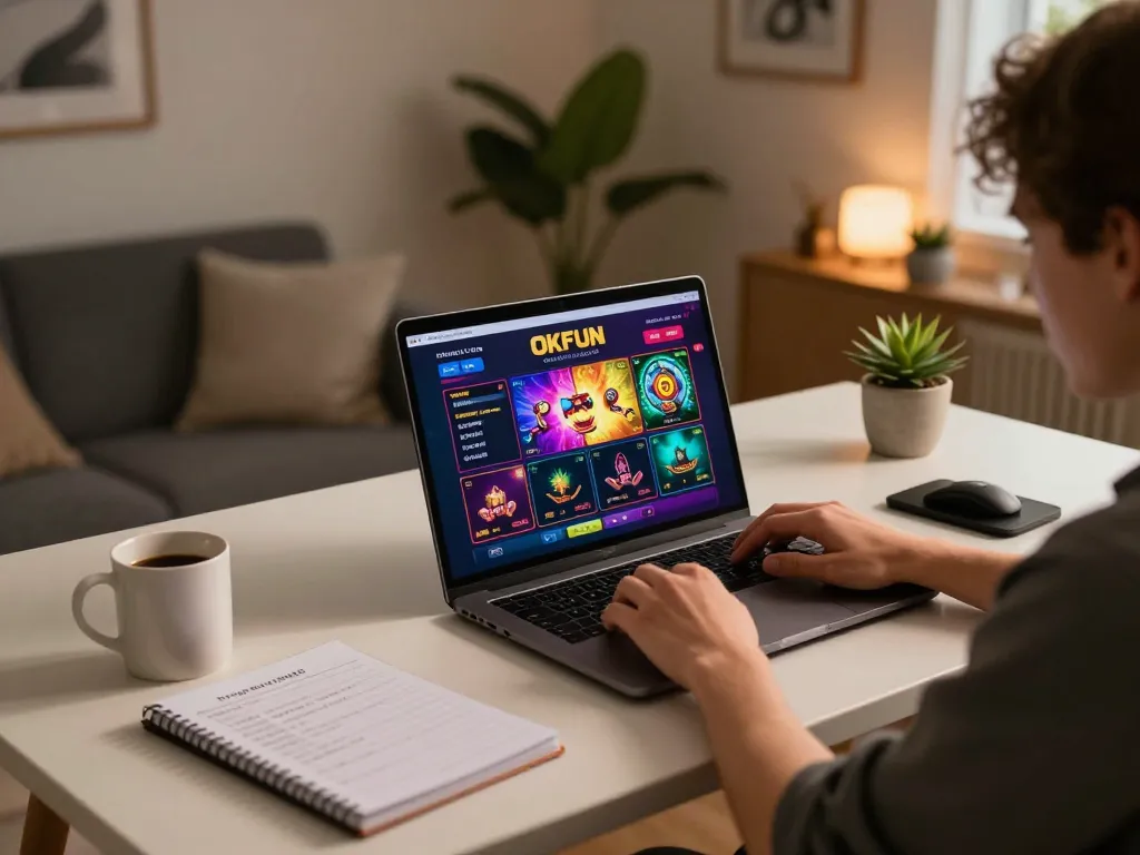 Player enjoying an online casino experience on OKFUN, laptop screen showing vibrant gaming interface and strategies