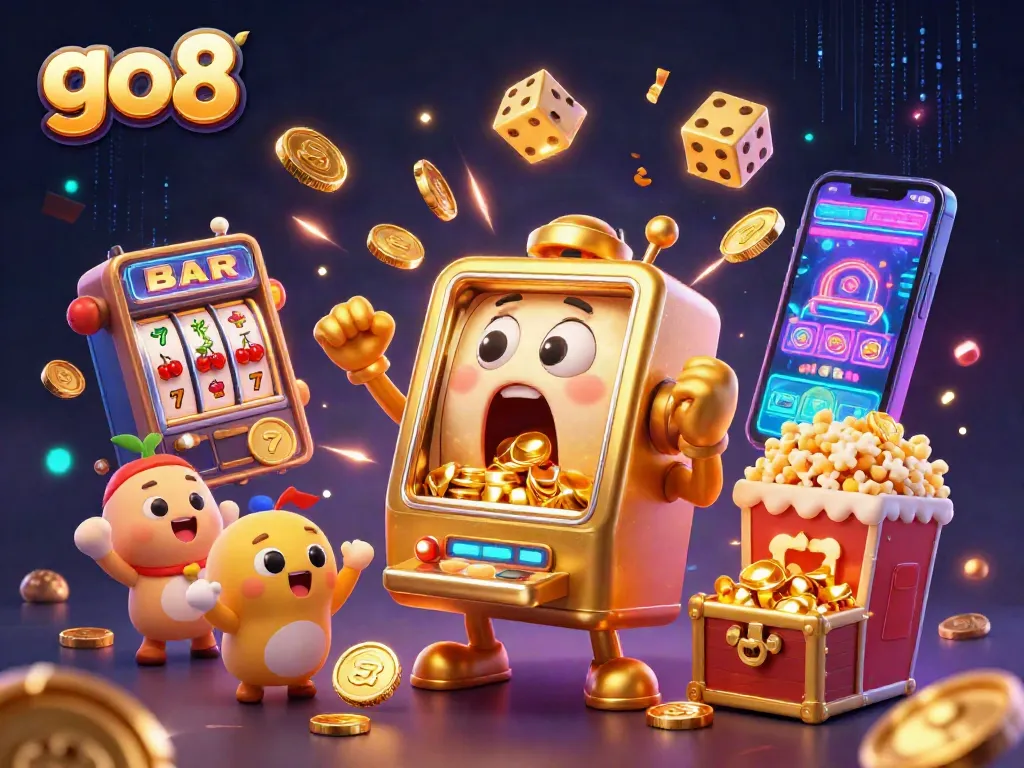 Experience the excitement of go8 with a golden slot machine celebrating its jackpot win amidst a lively casino atmosphere.