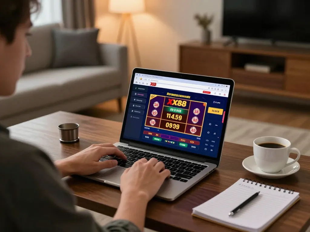 Engaging in online casino gaming with XX88 on a laptop from a cozy home setup