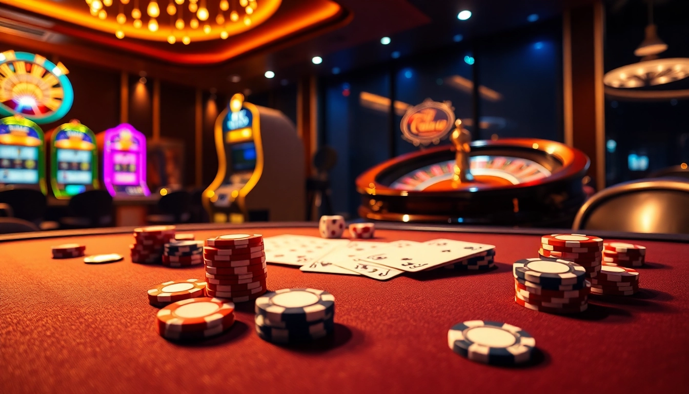 Engaging casino scene with king 88 poker table showcasing vibrant chips and cards.
