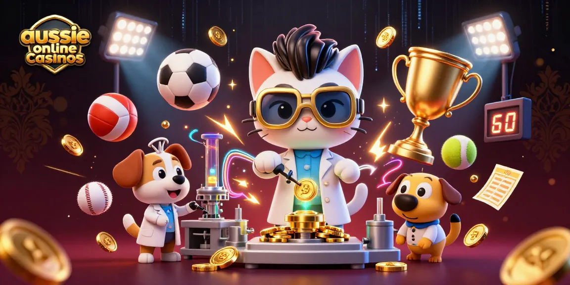 A powerful mad scientist cat and assistant dog create winning strategies for aussie online casinos amidst dynamic sports and gaming elements.