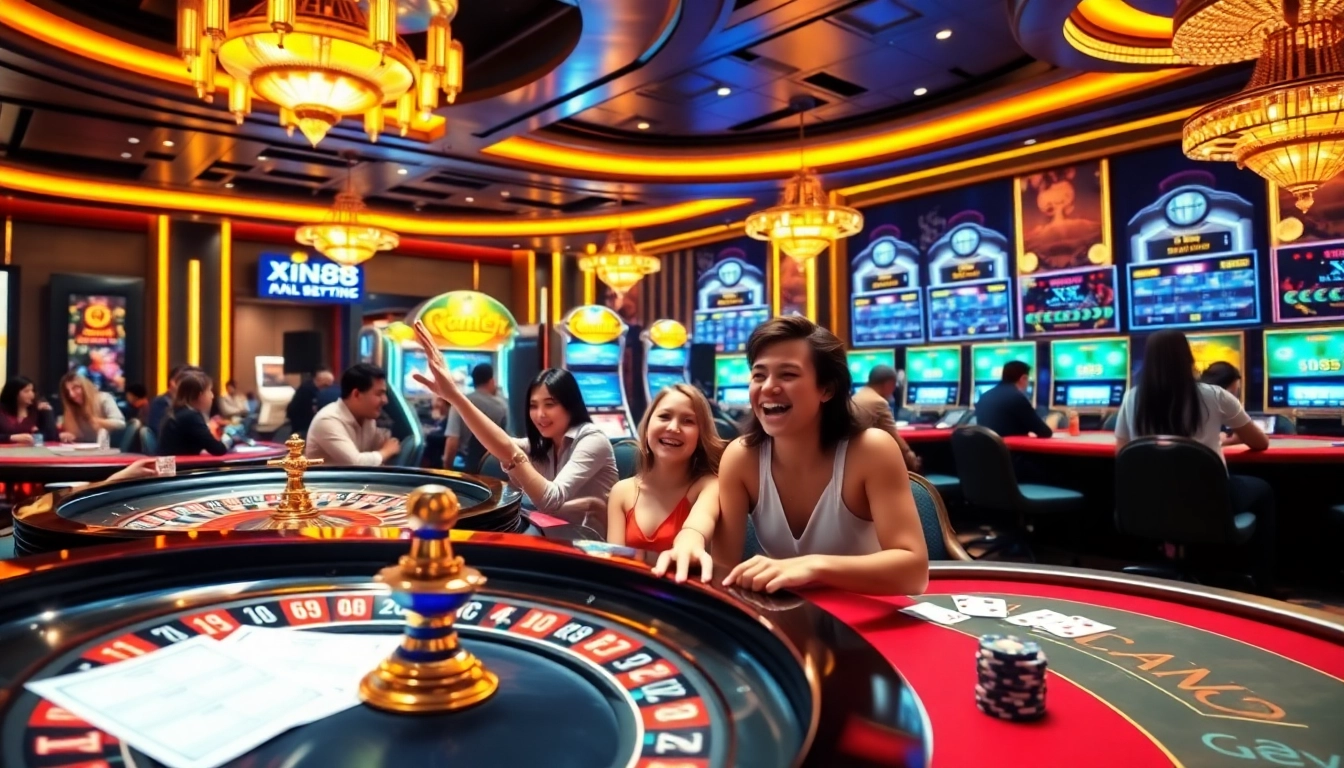 Experience the excitement of winning big at xin88 with vibrant casino visuals featuring poker tables and slot machines.