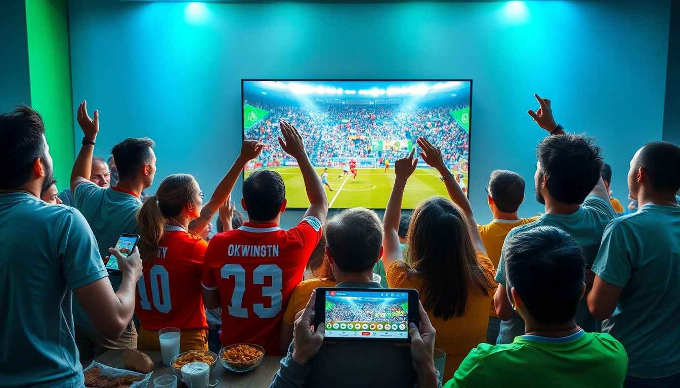 Fans enjoying a live football match on OKWINTV, showcasing excitement and community spirit.