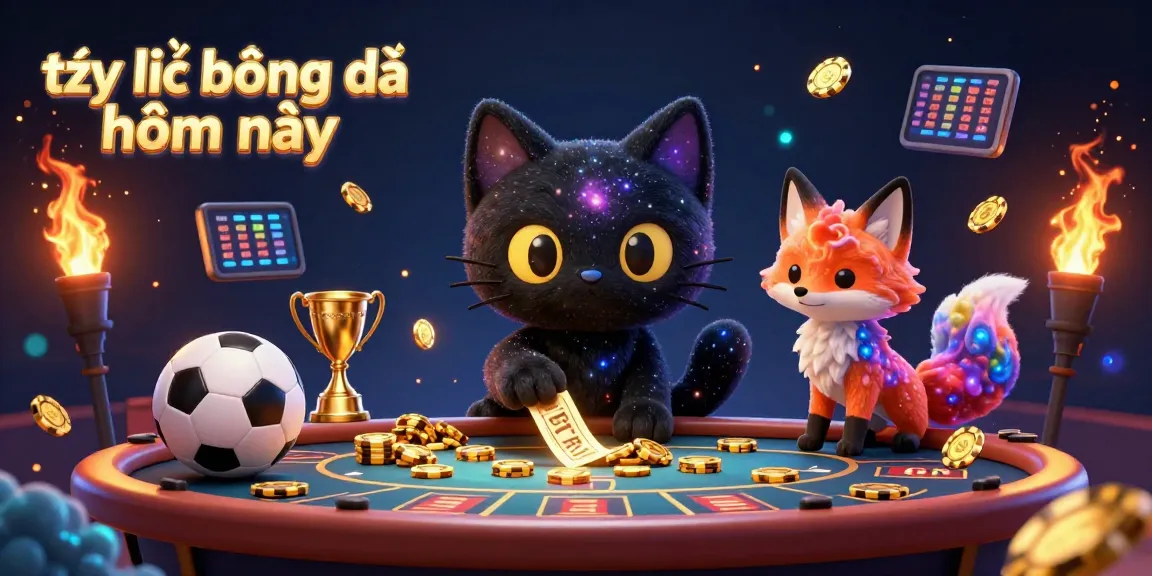 Tỷ lệ bóng đá hôm nay showcases vibrant sports betting excitement, featuring a cosmic cat with dynamic elements.