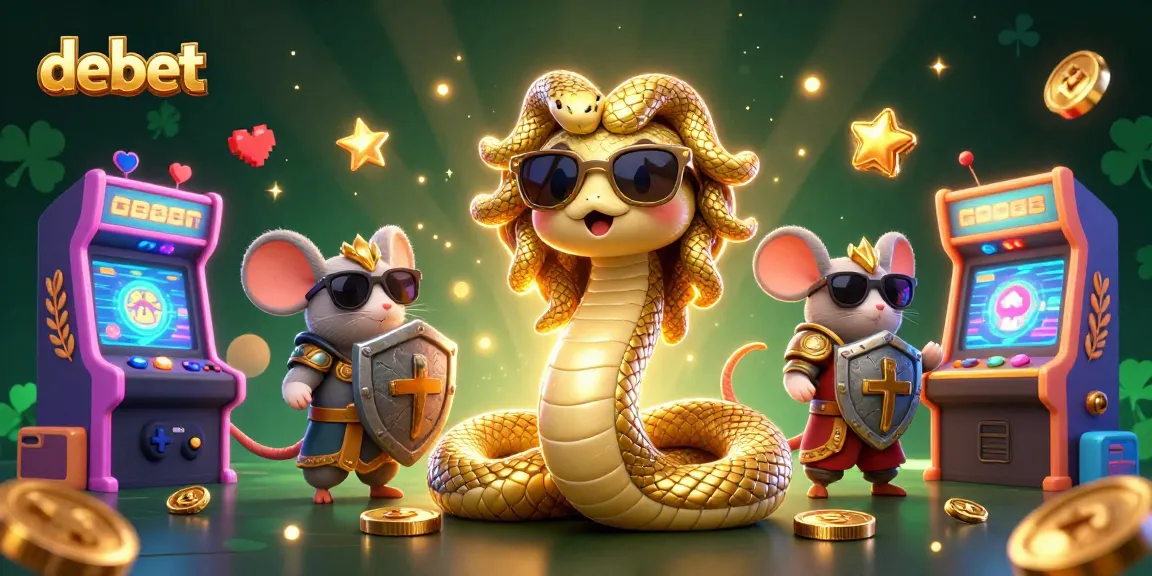 Engage with debet's casino games in a vibrant 3D illustration featuring Medusa and a warrior mouse.