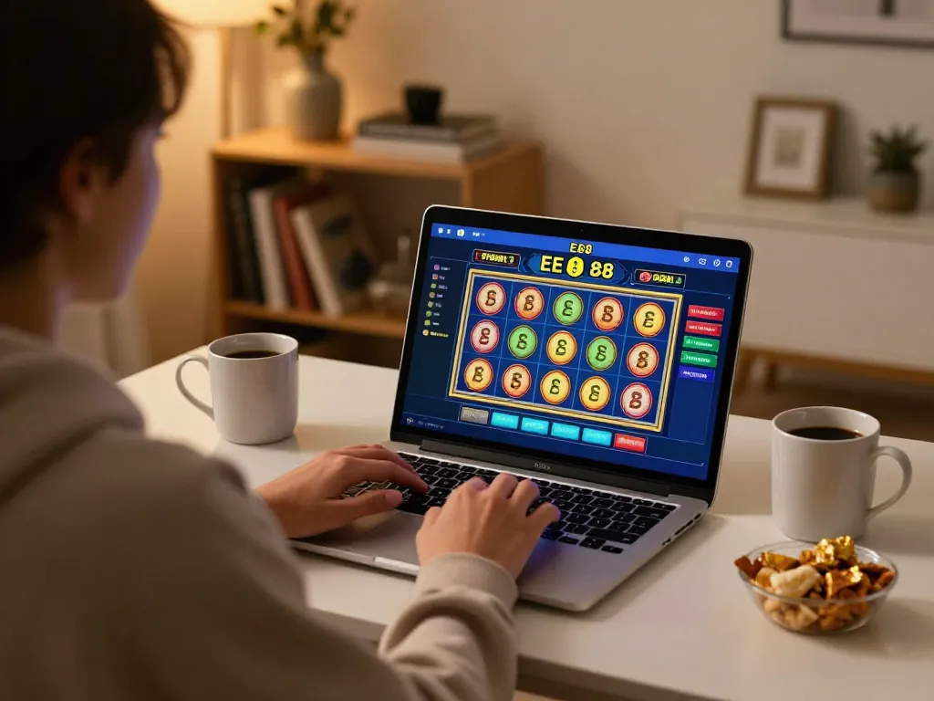 Engaging online gambling experience at Ee88 with user enjoying slot games at home.