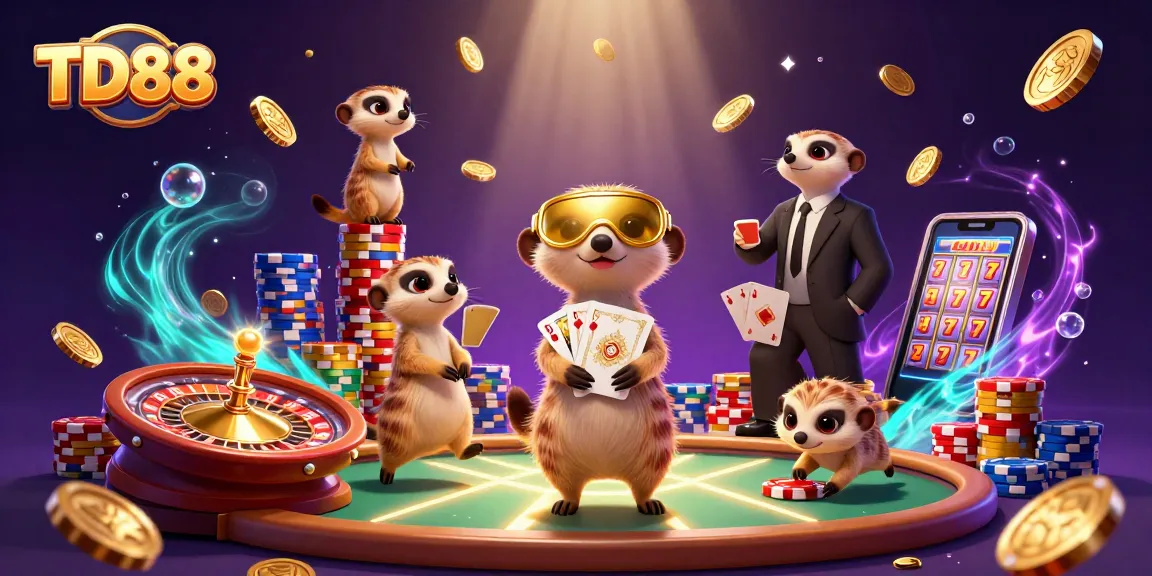 Experience the excitement of TD88 with playful meerkats managing a vibrant casino scene.