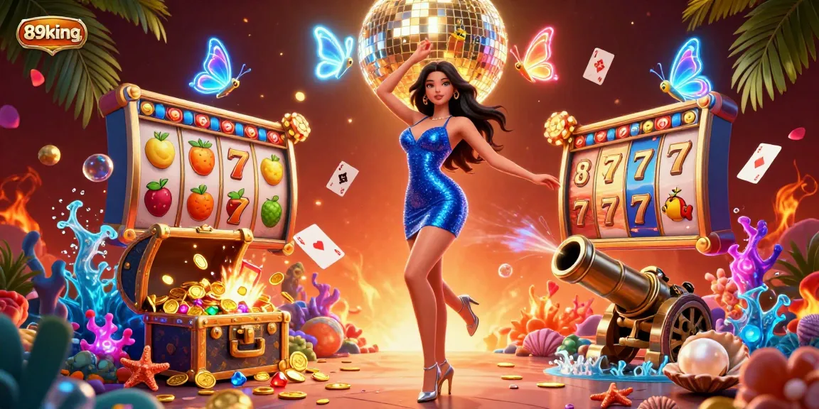 Winning at 89king: Glamorous casino scene with dynamic dance and vibrant slot elements.