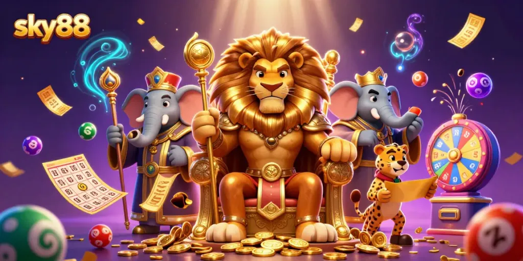 Experience thrilling gameplay at sky88 with vibrant lottery elements, cards, and festive excitement.