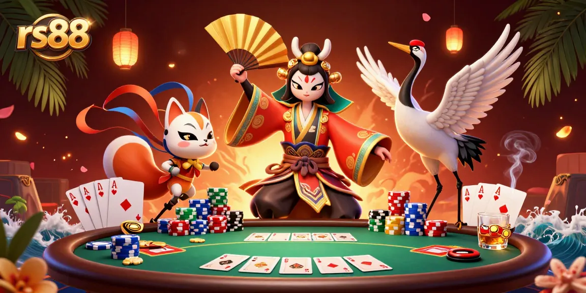Join the excitement at rs88 with a kabuki warrior alongside poker elements, chips, and vibrant energy.