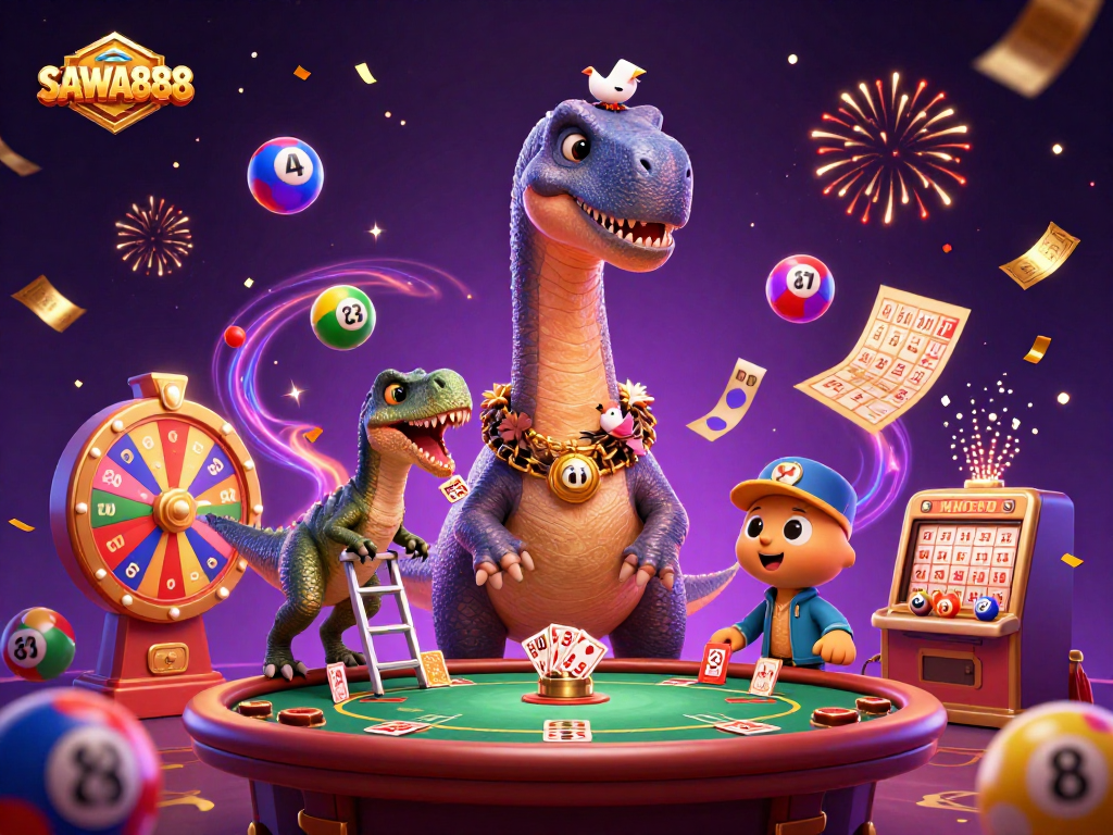 Experience SAWA888's thrilling casino adventure with cartoon dinosaurs and vibrant game elements.
