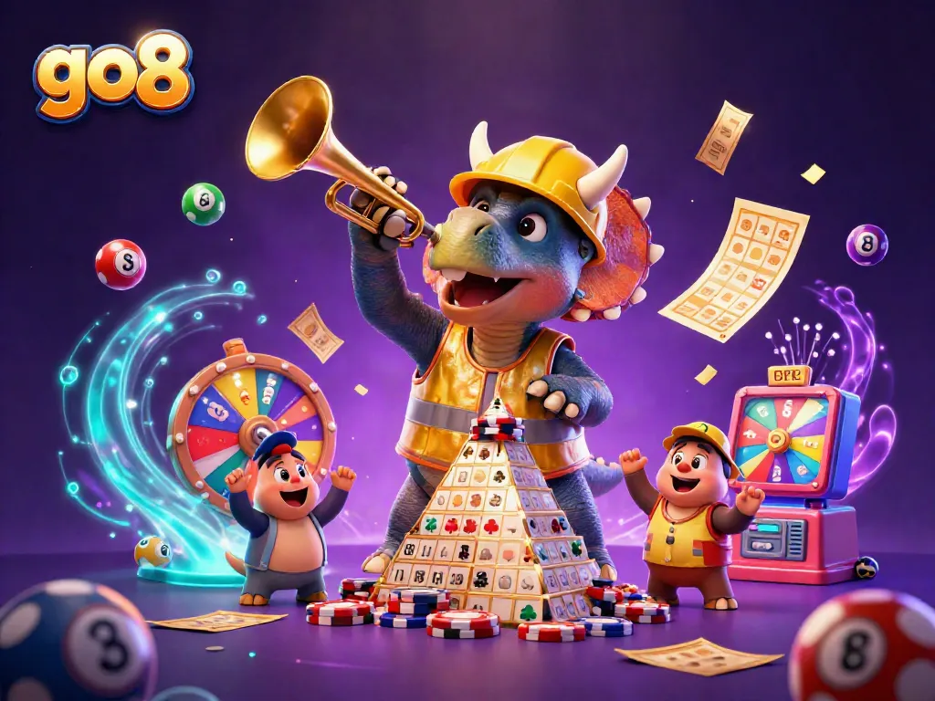 Experience excitement with go8 as a triceratops builds a poker chip pyramid amidst vivid casino elements.