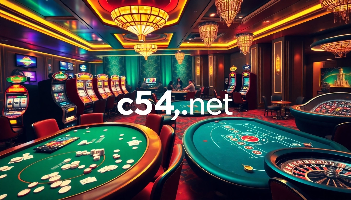 C54.gb.net showcases an exciting casino scene with vibrant slot machines, poker tables, and roulette wheels.