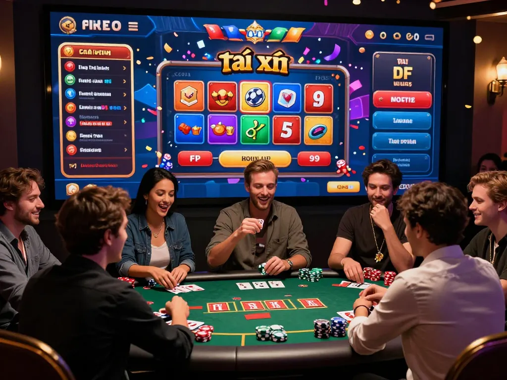 Players enjoying rikvip games in exciting online casino atmosphere with vibrant graphics and joyful expressions.