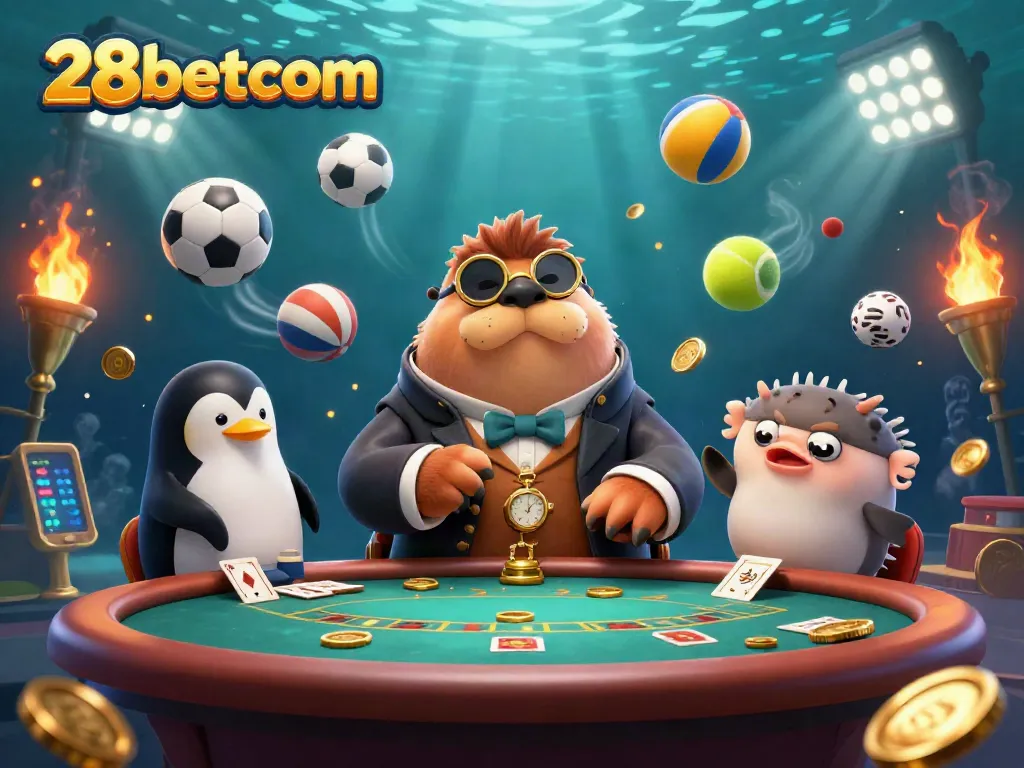 28betcom showcases thrilling underwater poker with a walrus, penguin dealer, and bluffing pufferfish.