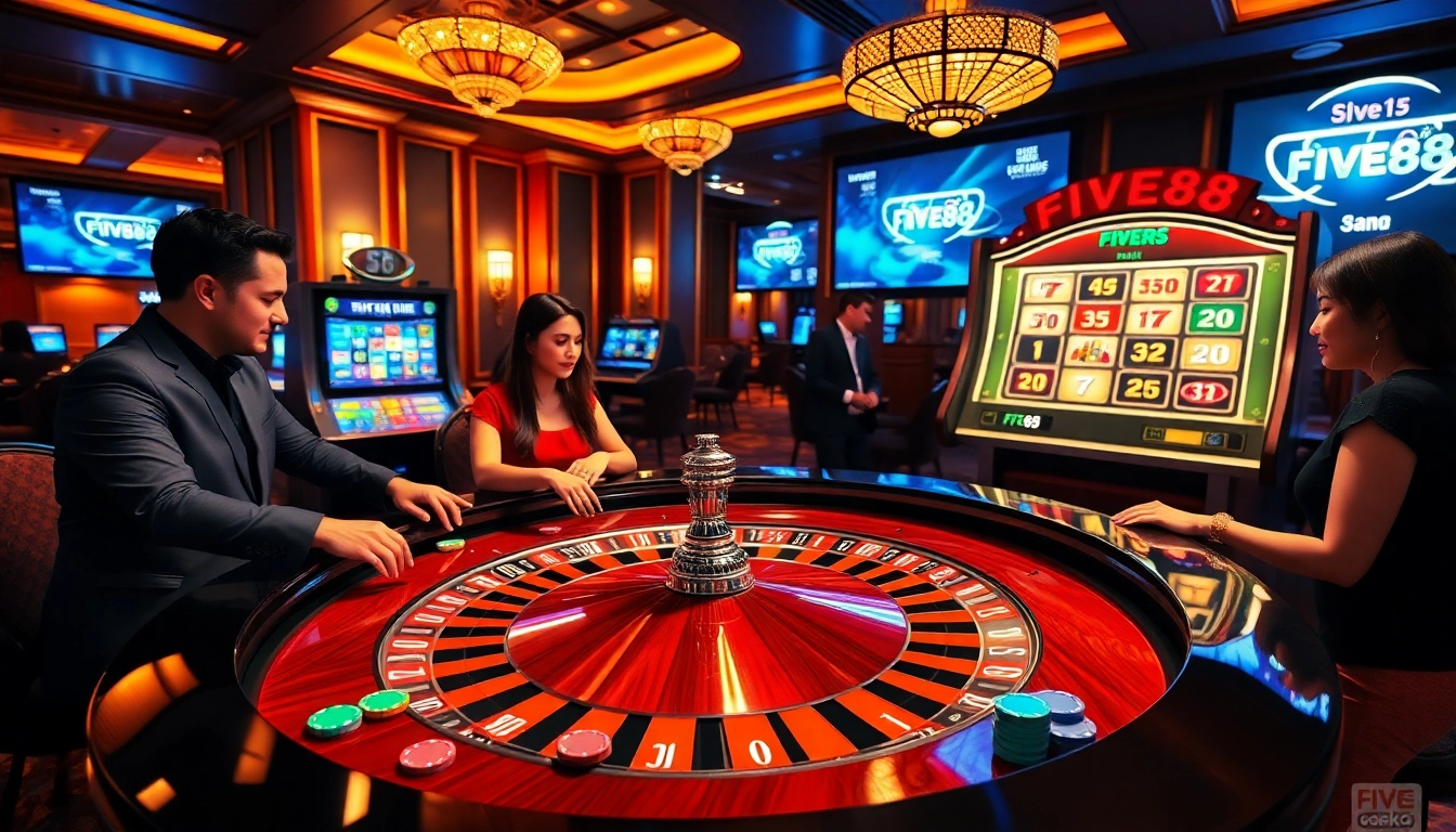 Players enjoying a high-stakes game at FIVE88 casino, featuring a roulette table and digital betting screens.
