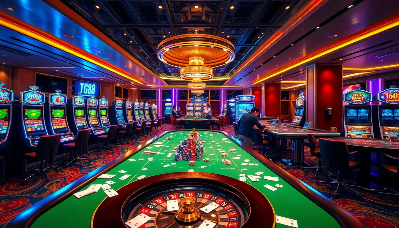 Experience the thrill of tg88 with a lively casino scene showcasing luxurious tables and vibrant slot machines.