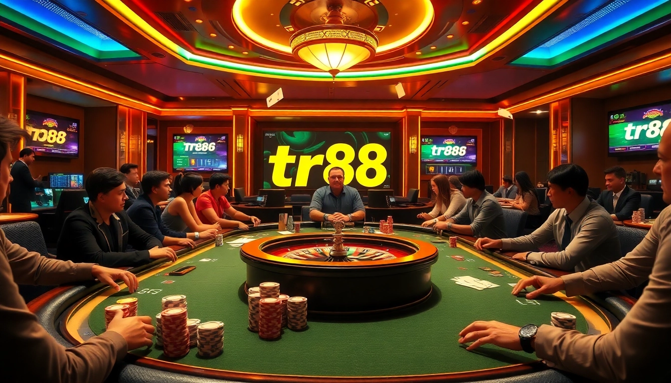 Engaging poker players strategizing bets at a luxurious table, showcasing tr88 amidst high stakes.