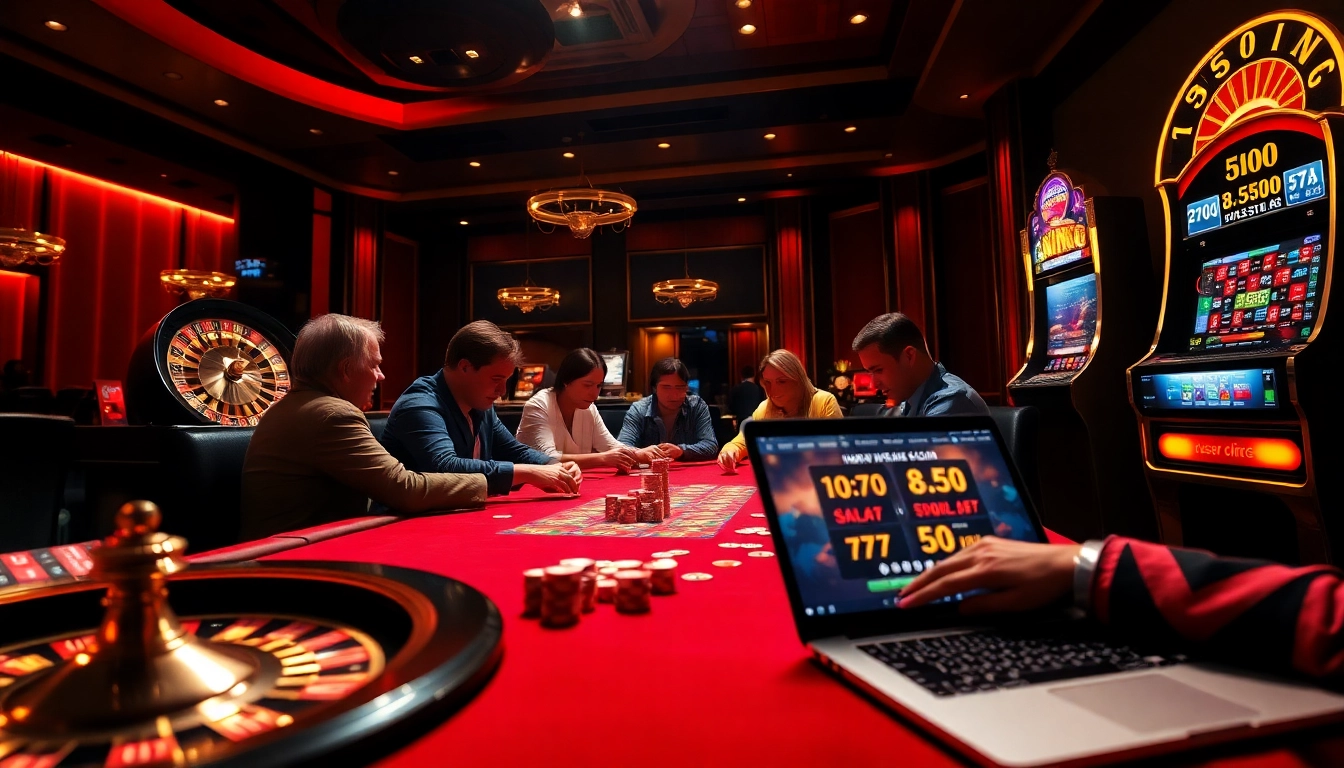 A vibrant casino scene with high-stakes poker players, featuring elements from https://one88.sa.com/ like a roulette wheel and online betting.