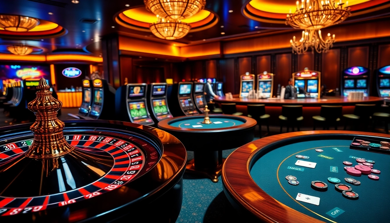 Exciting gaming experience at https://tr88.bio/ with colorful tables, roulette wheel, and poker chips.