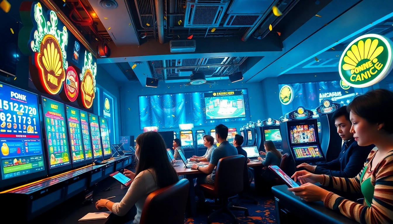 Exciting online gaming atmosphere at sbobet.dance with players enjoying poker and slots.