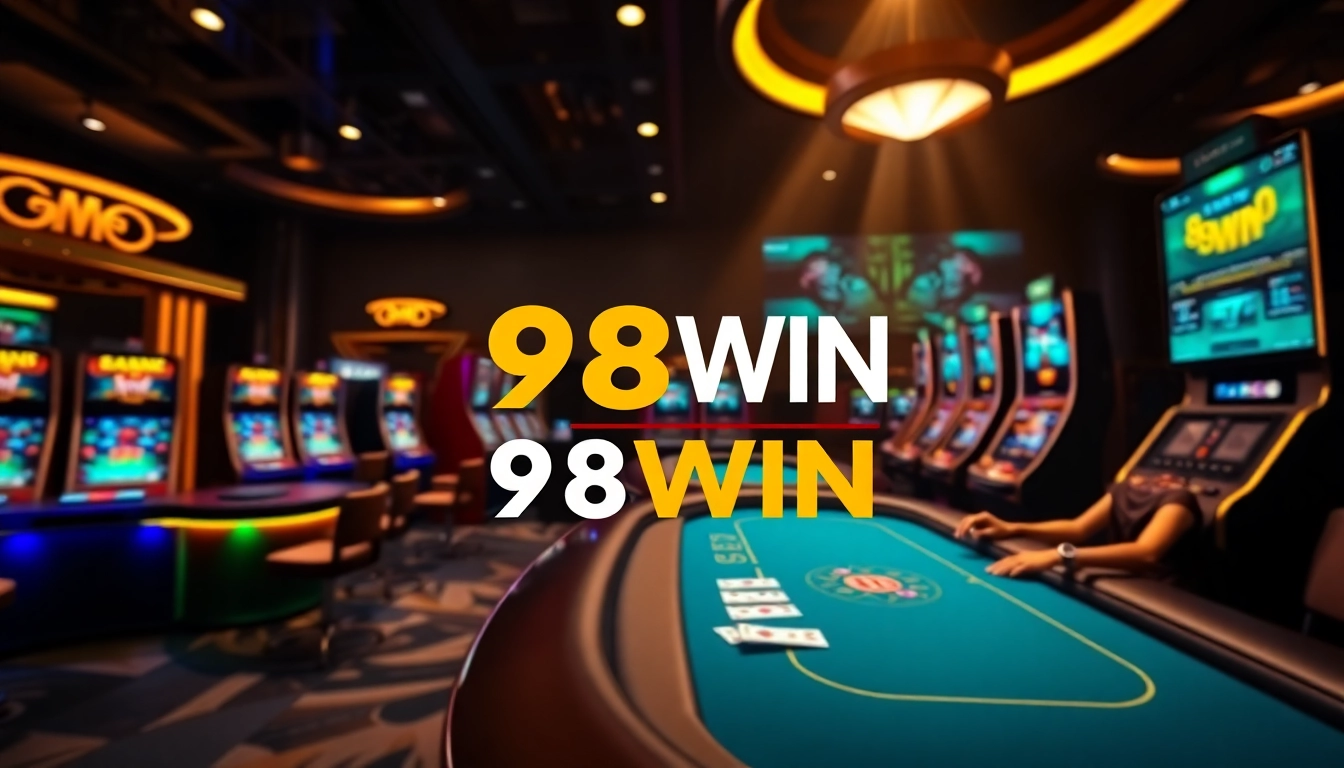 Exciting casino atmosphere featuring 98WIN gaming tables, showcasing luxury and engagement.