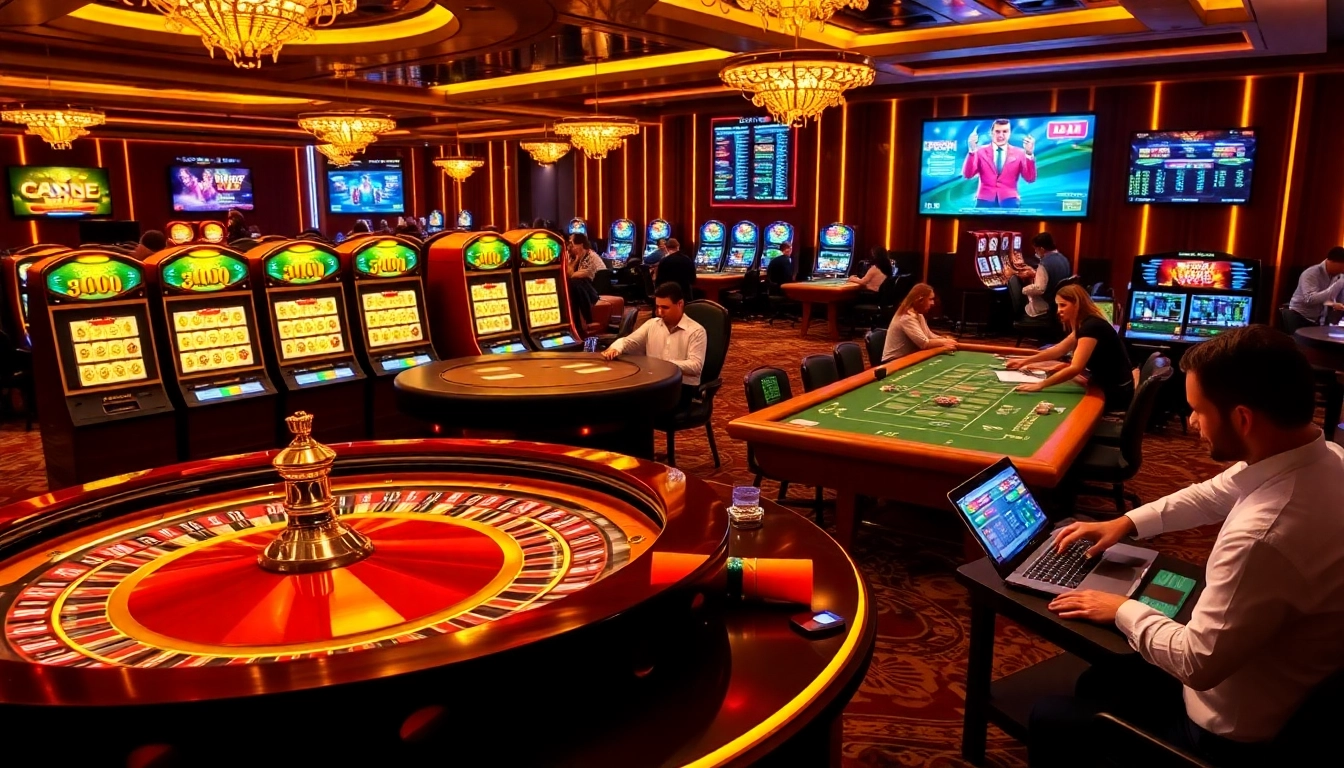 F168 players engaging at a luxurious casino table with exciting slot machines flashing.