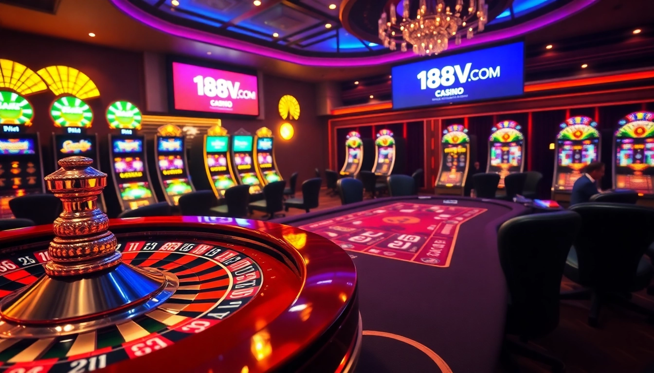 Players enjoying a thrilling game at 188V COM casino with poker chips and roulette wheel.