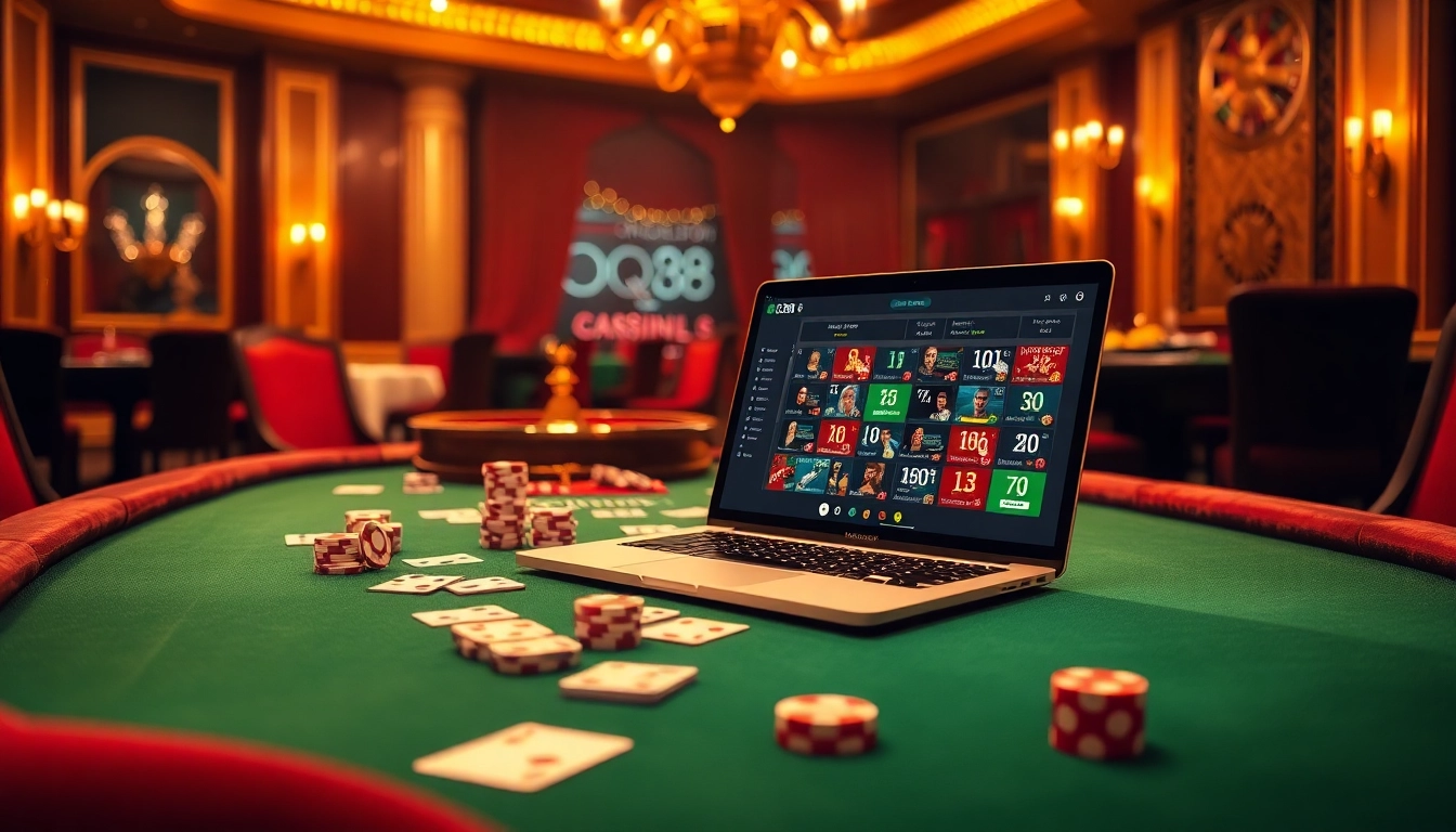 Experience đăng nhập qq88 with an elegant casino scene featuring poker chips, cards, and a vibrant roulette wheel.