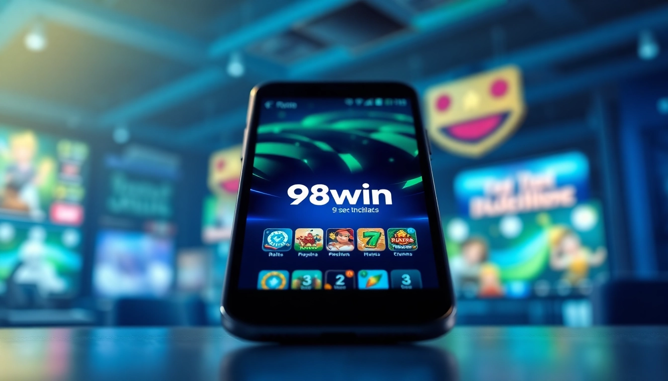 The app 98win interface displayed on a smartphone, showcasing engaging gaming options in a vibrant setting.