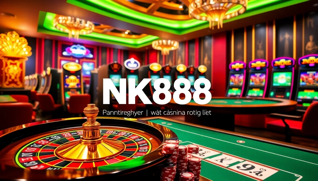 Experience NK88 Đăng nhập amidst a vibrant casino atmosphere filled with poker chips and roulette wheels.