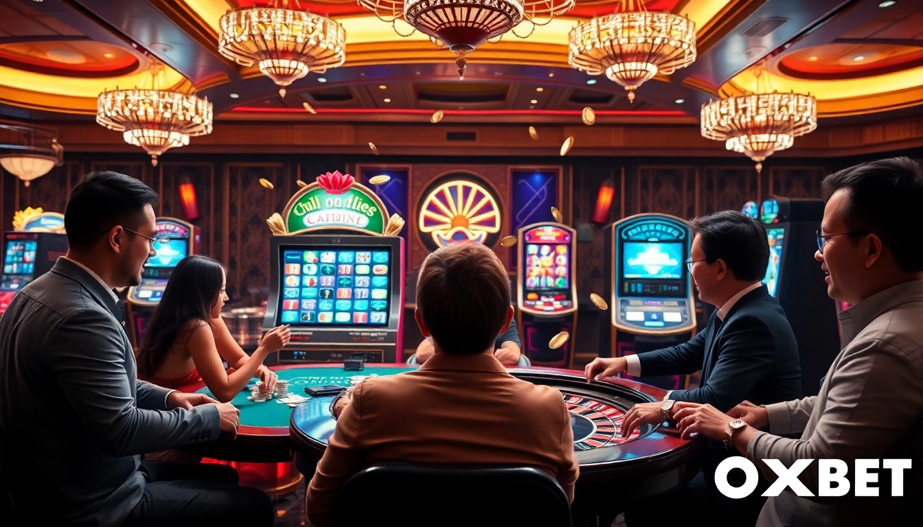Engaging scene at Trang chủ OXBET with vibrant casino tables and excited players.