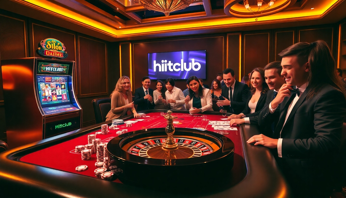 Hitclub's thrilling casino scene with players engaging in poker and roulette games.