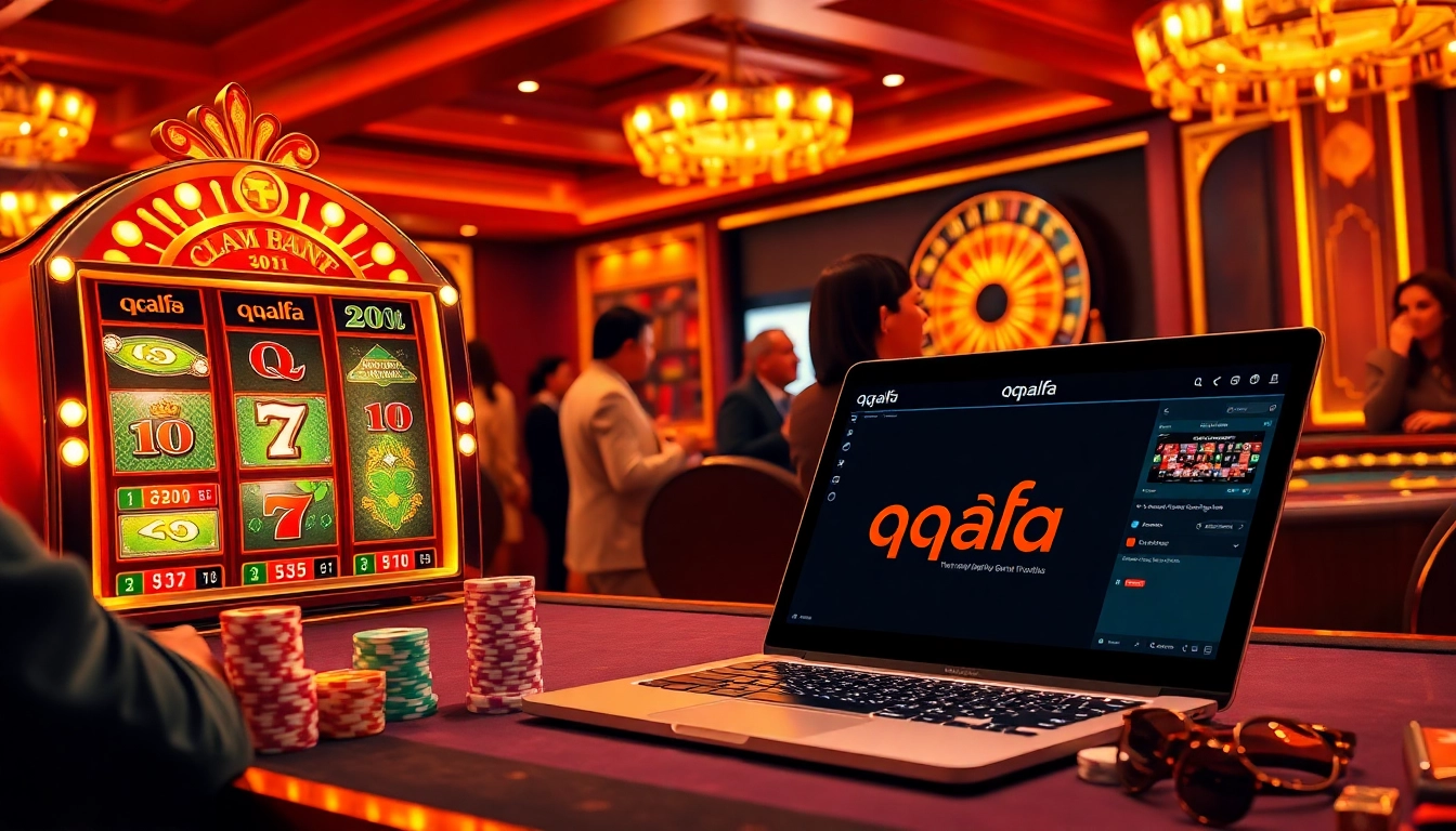 Players enjoying qqalfa slot games in a stylish casino atmosphere, vibrant colors and engaging vibes.