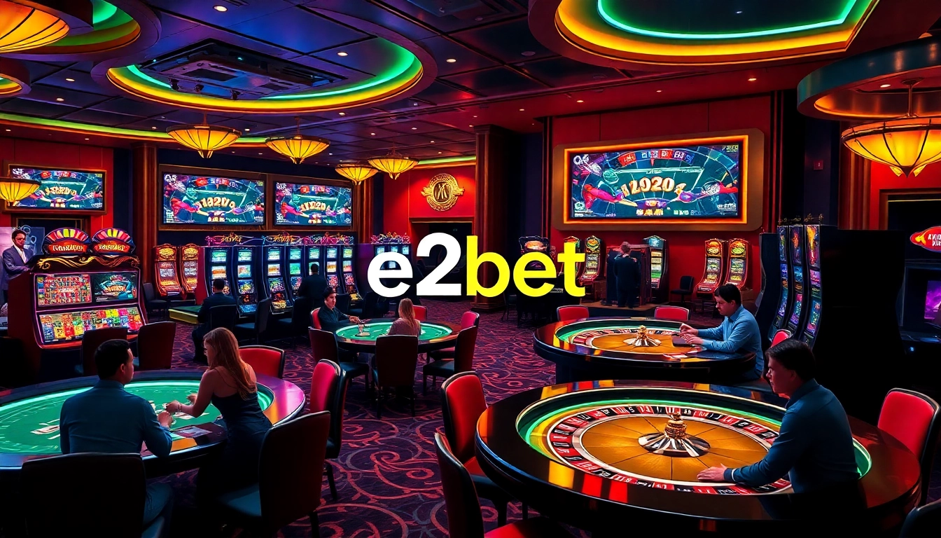 Experience thrilling gaming action at e2bet with a vibrant casino interface showcasing roulette and slots.